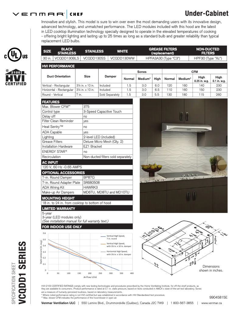 Page n°1 - Fiche technique Venmar Chef VCQDD130SS
