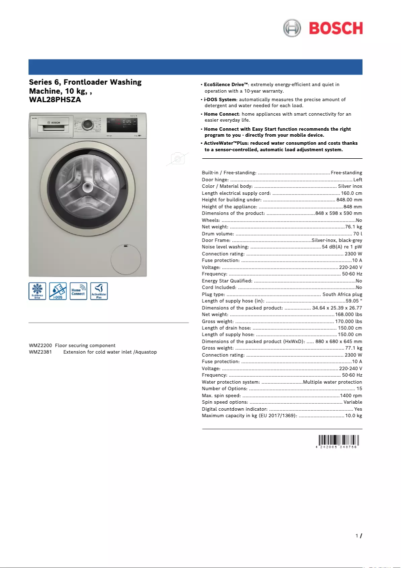 Page n°1 - Fiche technique Bosch WAL28PHSZA