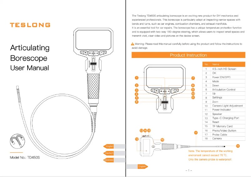 Page 1 de la notice Manuel utilisateur Teslong TD450S