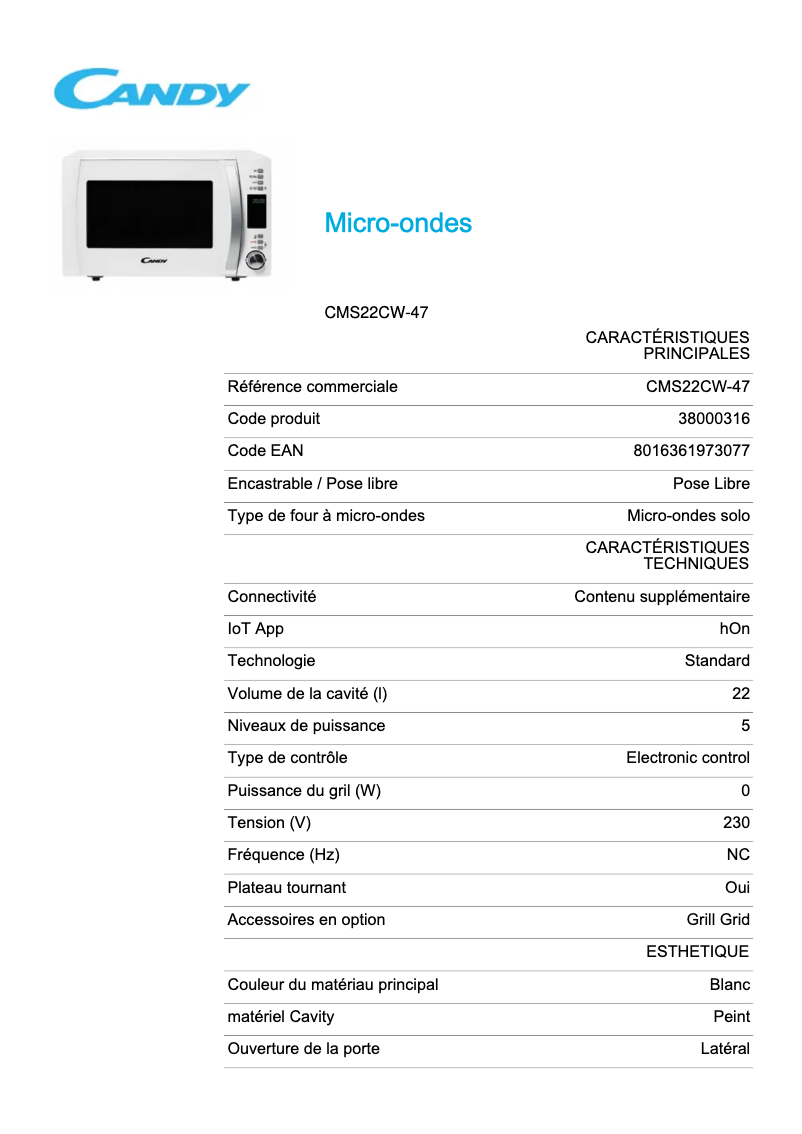 Page 1 de la notice Fiche technique Candy CMS22CW-47