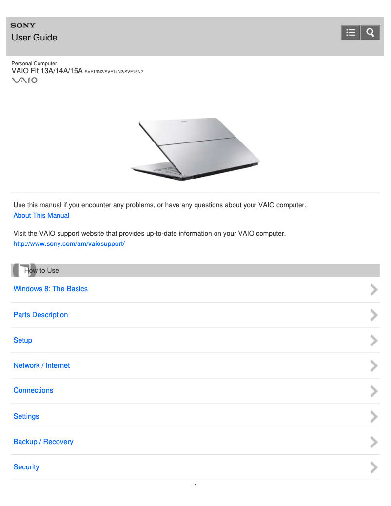 Image de la première page du manuel de l'appareil Vaio Fit 14 SVF14N25CLB