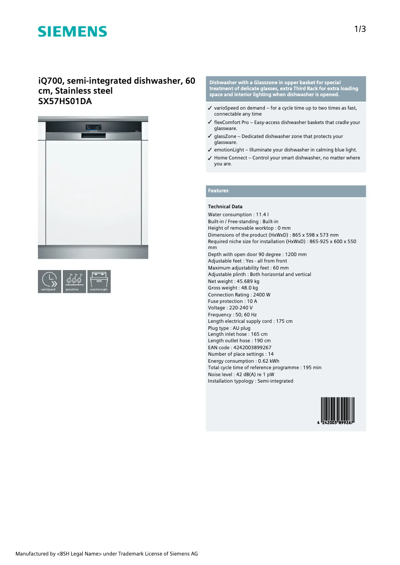 Page 1 de la notice Fiche technique Siemens SX57HS01DA