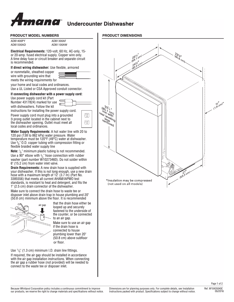 Page 1 de la notice Fiche technique Amana ADB1500AD