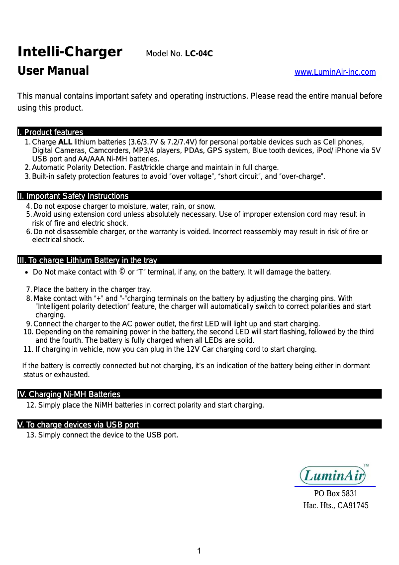 Page 1 de la notice Manuel utilisateur Luminair LC-04C