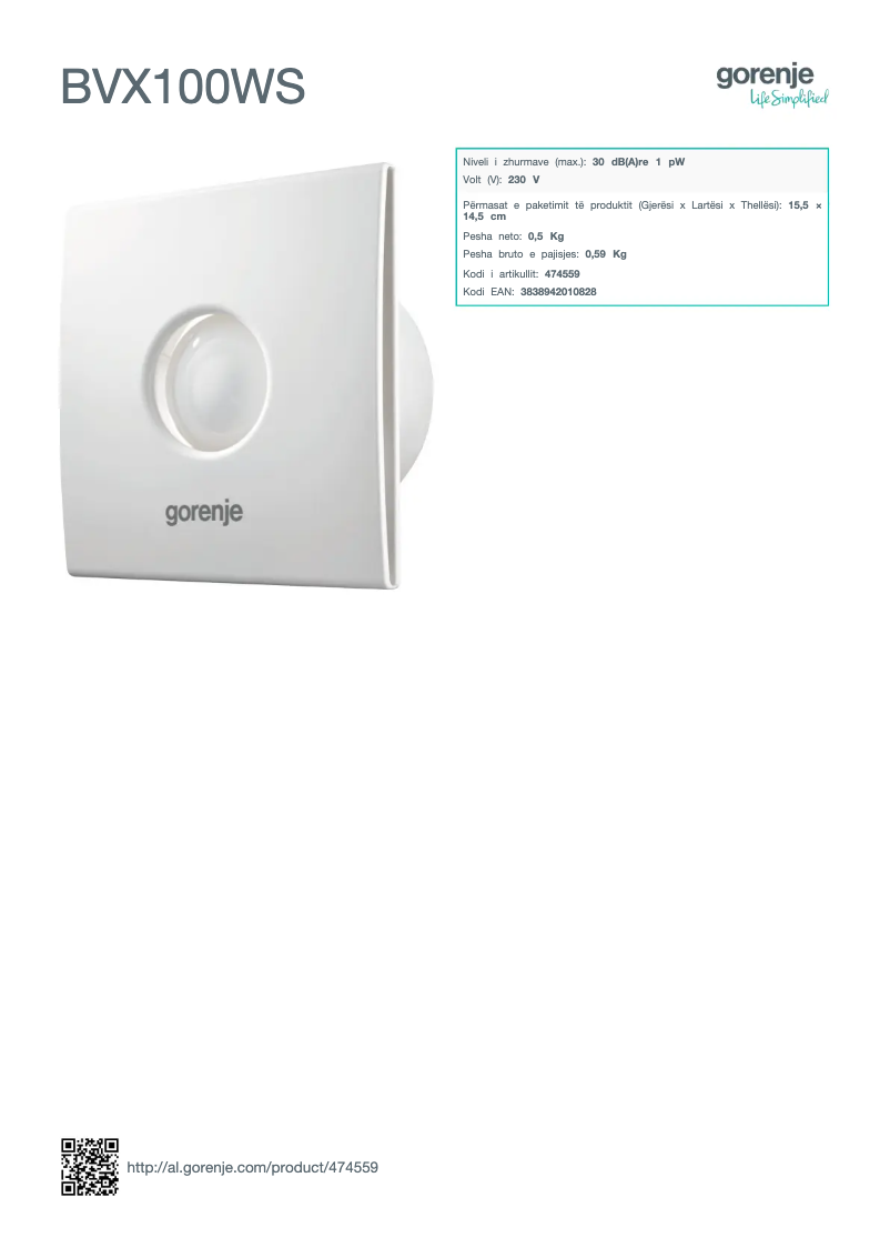 Page n°1 - Fiche technique Gorenje BVX100WS