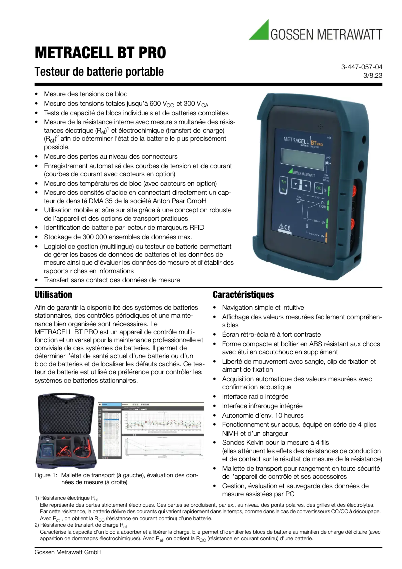 Page 1 de la notice Fiche technique Gossen Metrawatt METRACELL BT PRO