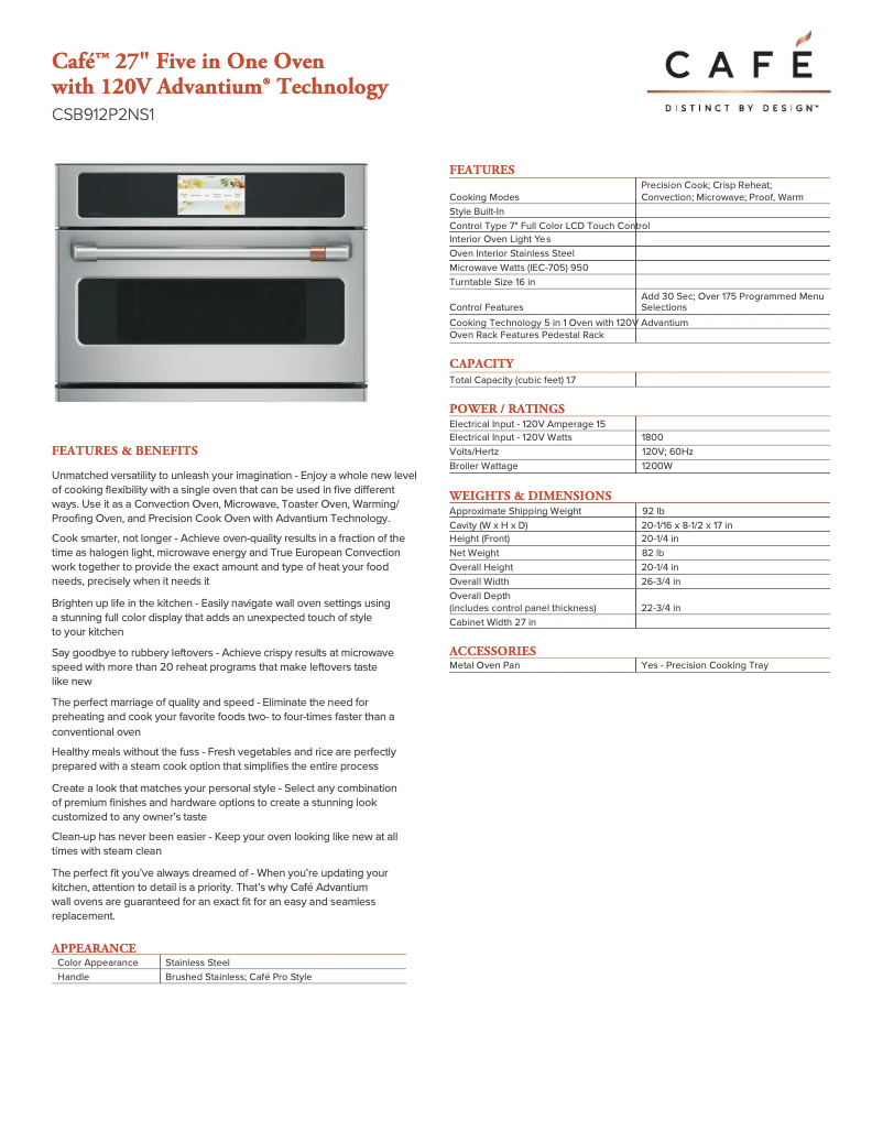 Page 1 de la notice Fiche technique GE Café CSB912P2NS1