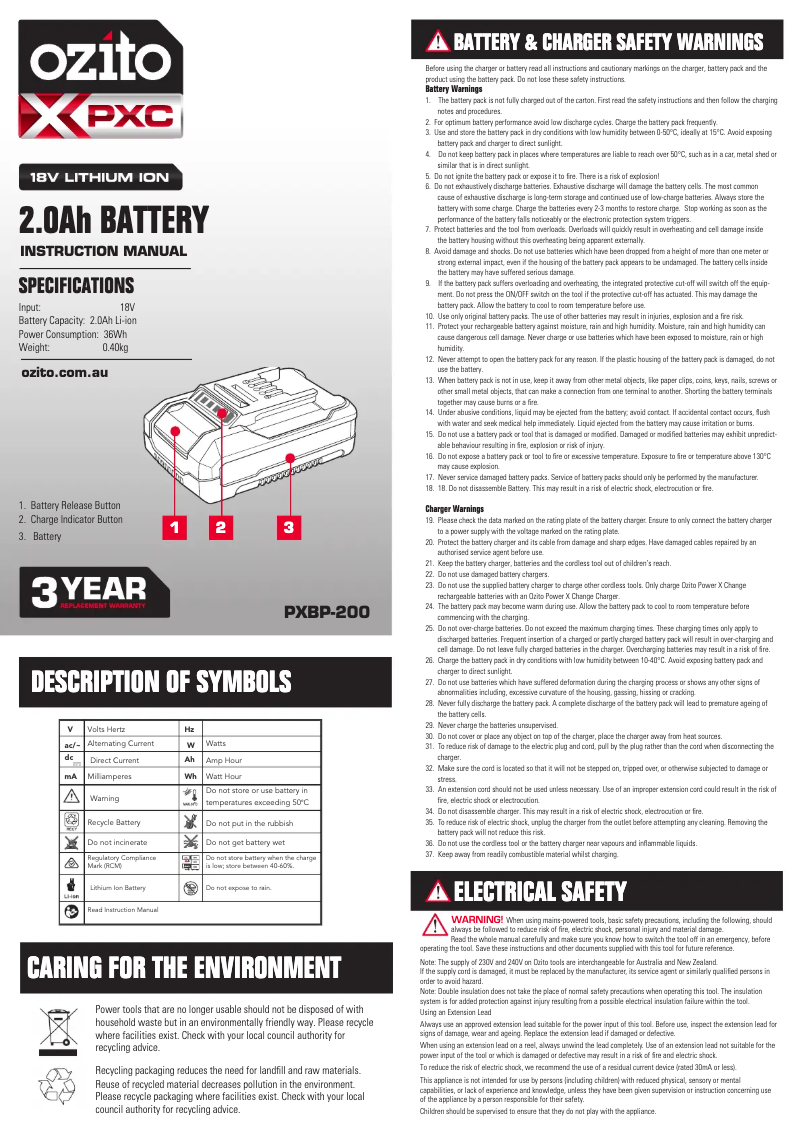 Page 1 de la notice Manuel utilisateur Ozito PXBC-200C