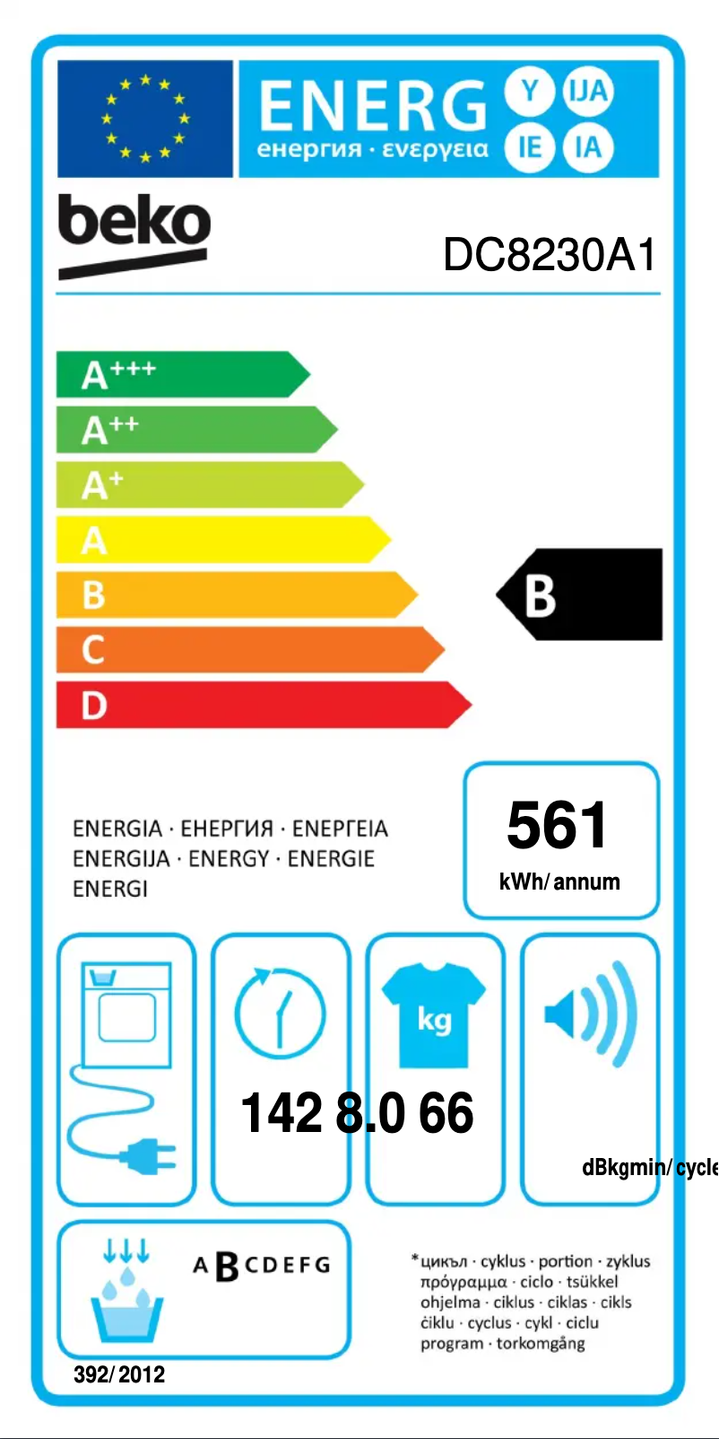 Page n°1 - Label énergétique Beko DC8230A1