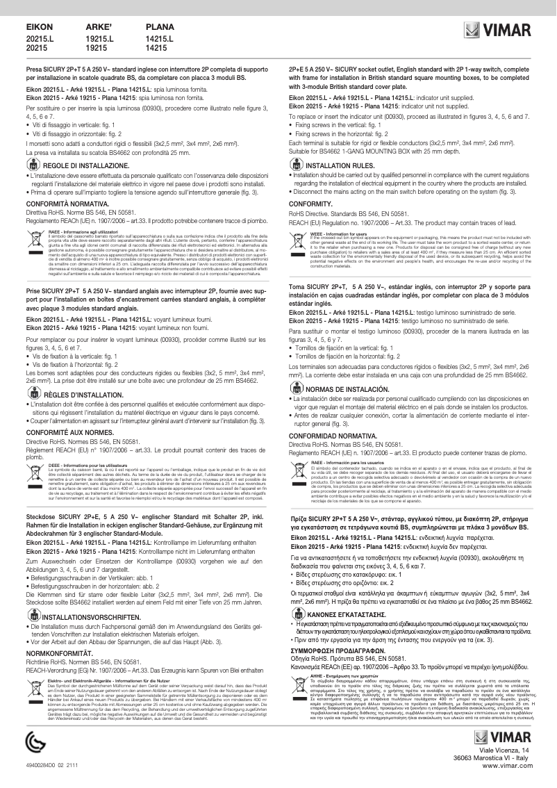 Page n°1 - Manuel utilisateur Vimar 19215