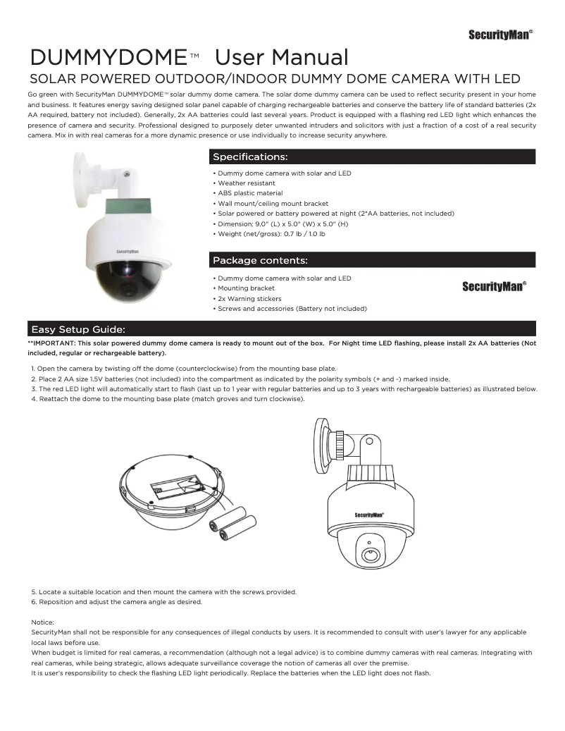 Page 1 de la notice Manuel utilisateur SecurityMan DUMMYDOME