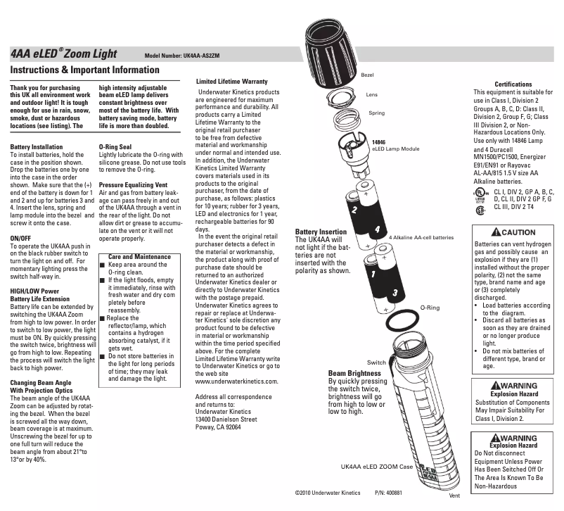 Page 1 de la notice Manuel utilisateur Underwater Kinetics UK4AA eLED Zoom Front Switch