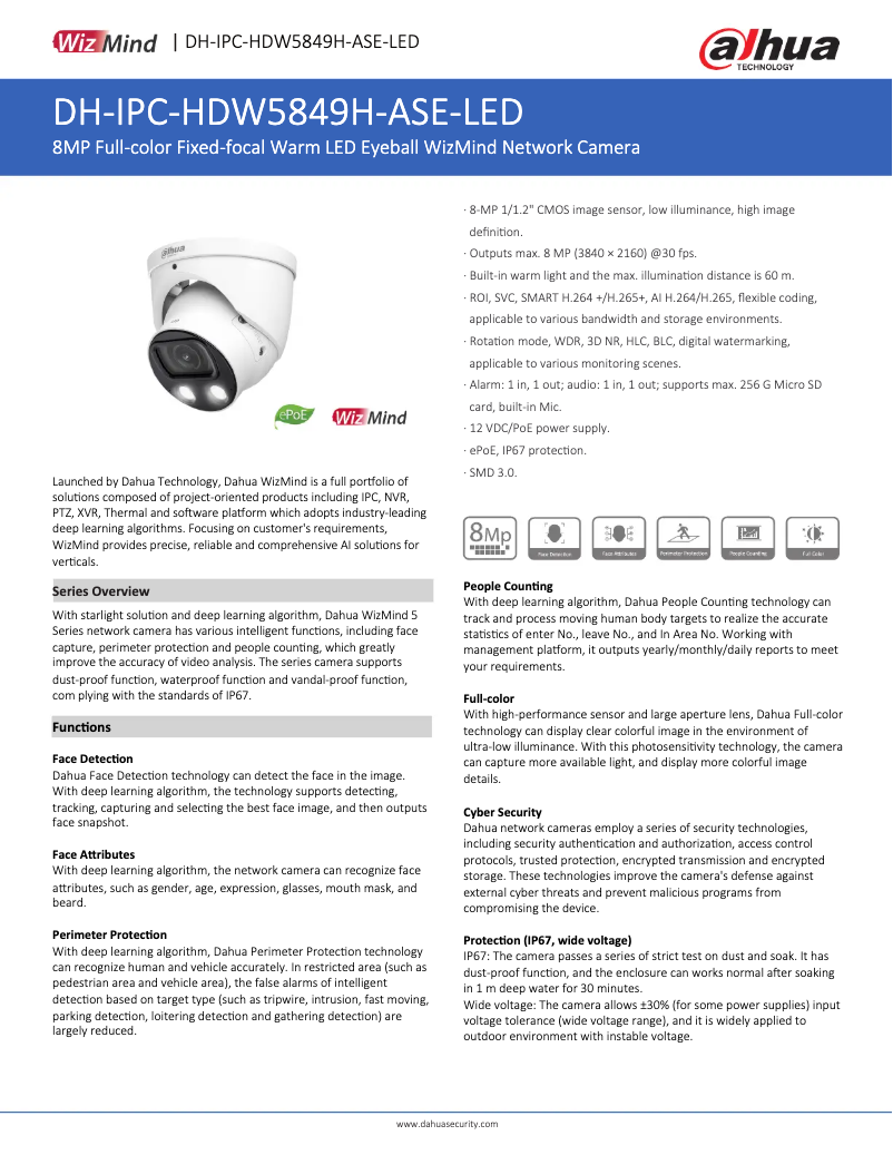 Page 1 de la notice Fiche technique Dahua Technology IPC-HDW5849H-ASE-LED