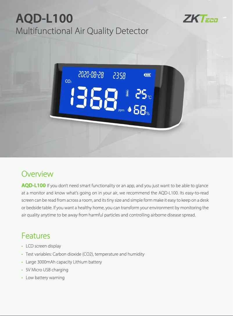 Página 1 del manual Ficha técnica ZKTeco AQD-L100