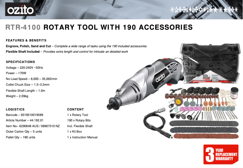 Página 1 del manual Ficha técnica Ozito RTR-4100