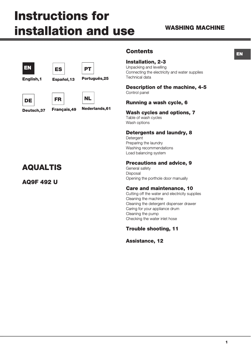 Page 1 de la notice Manuel utilisateur Hotpoint Aquatis AQ9F 492 U