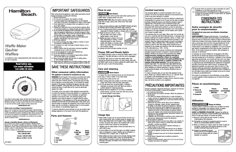 Page 1 de la notice Manuel utilisateur Hamilton Beach Belgian Style 26020