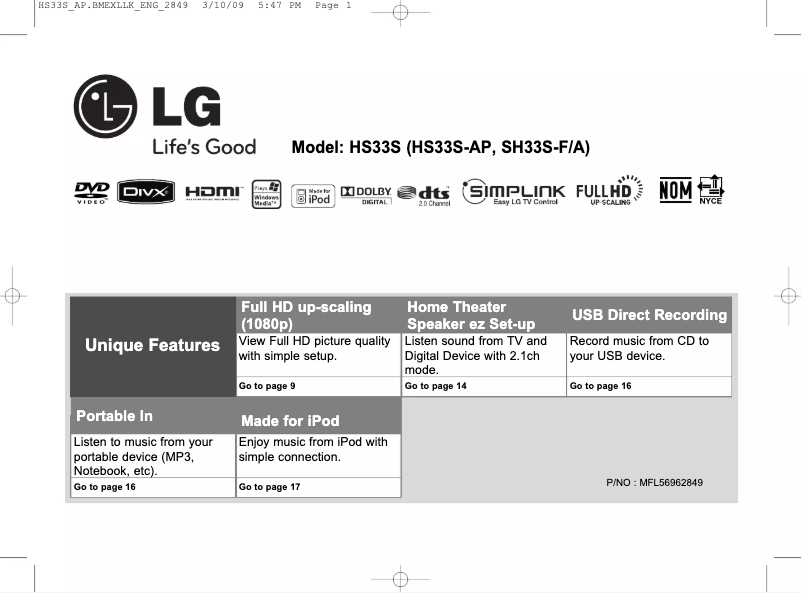 Page 1 of the manual User Manual LG HS33S