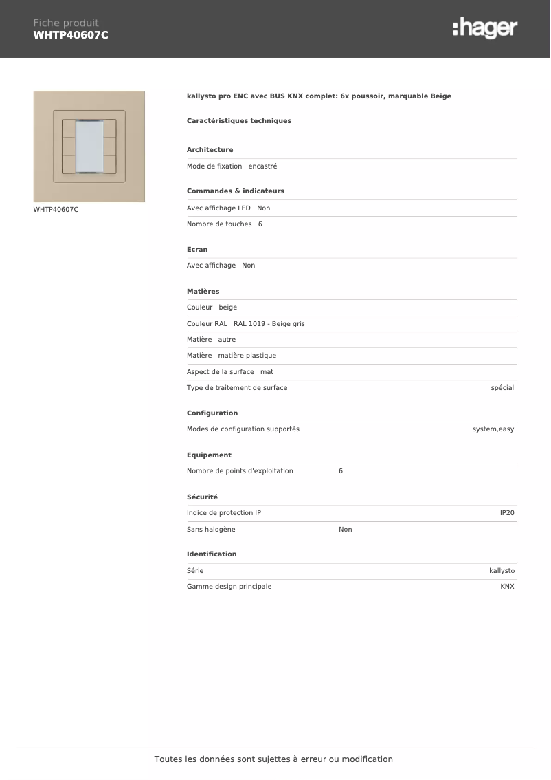 Page n°1 - Fiche technique Hager WHTP40607C