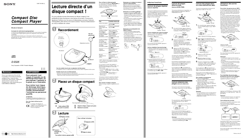 Page 1 de la notice Manuel utilisateur Sony D-E525