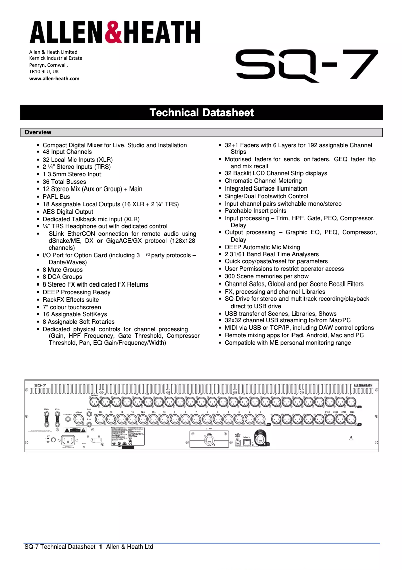 Page n°1 - Fiche technique Allen & Heath SQ-7