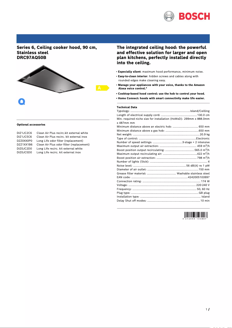 Page 1 de la notice Fiche technique Bosch Serie 6 DRC97AQ50B