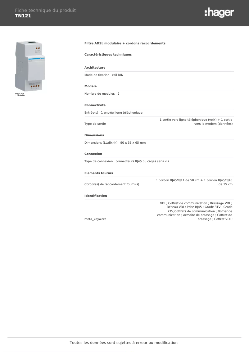 Page 1 de la notice Fiche technique Hager TN121