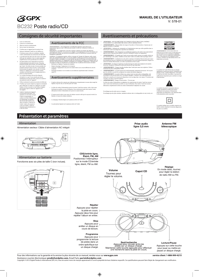 Page 1 de la notice Manuel utilisateur GPX BC232