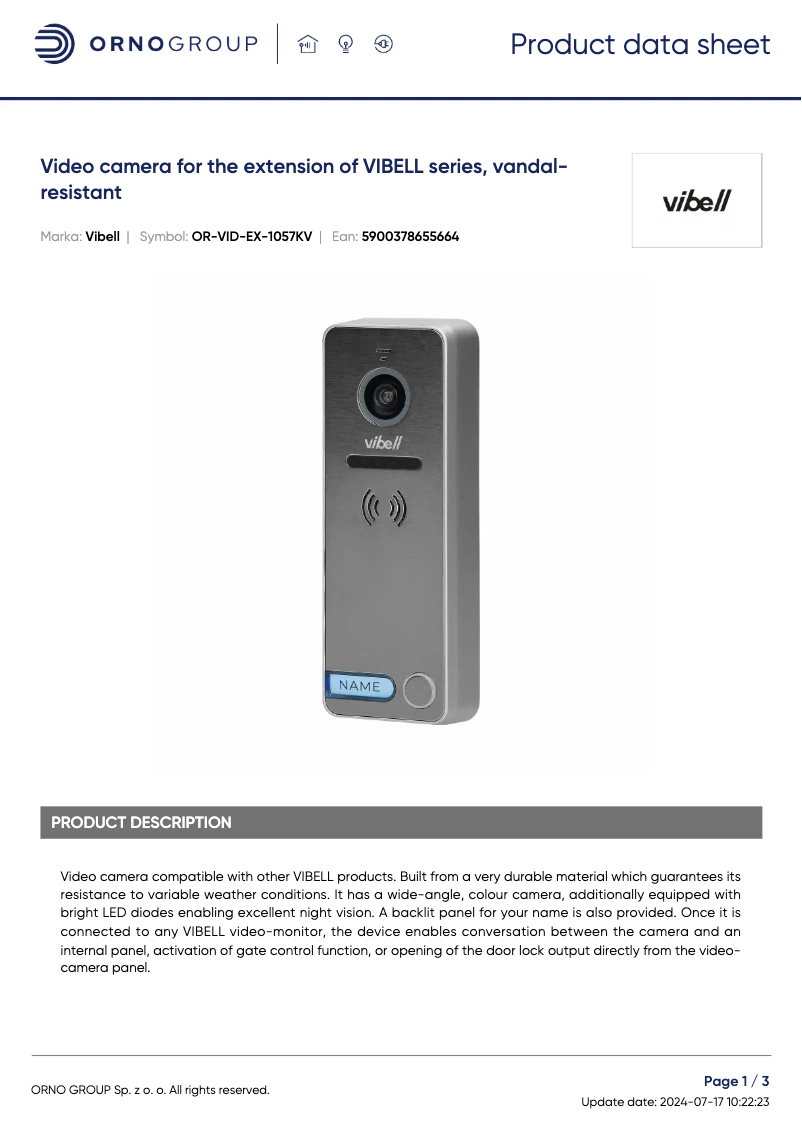 Page 1 de la notice Fiche technique Vibell OR-VID-EX-1057KV