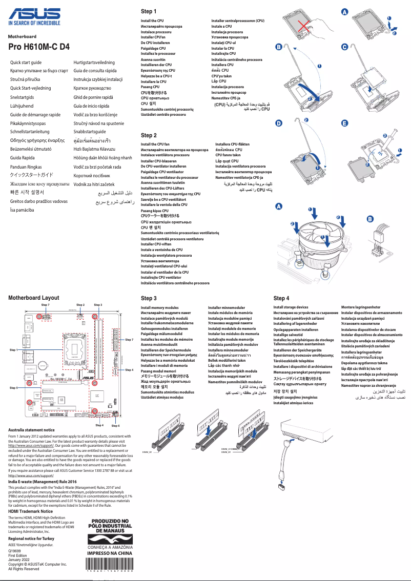 Page 1 de la notice Guide de démarrage rapide Asus Pro H610M-C D4
