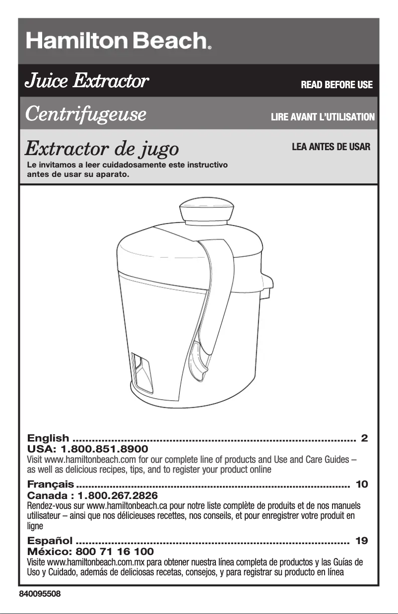 Page 1 de la notice Manuel d'utilisation et d'entretien Hamilton Beach HealthSmart 67800