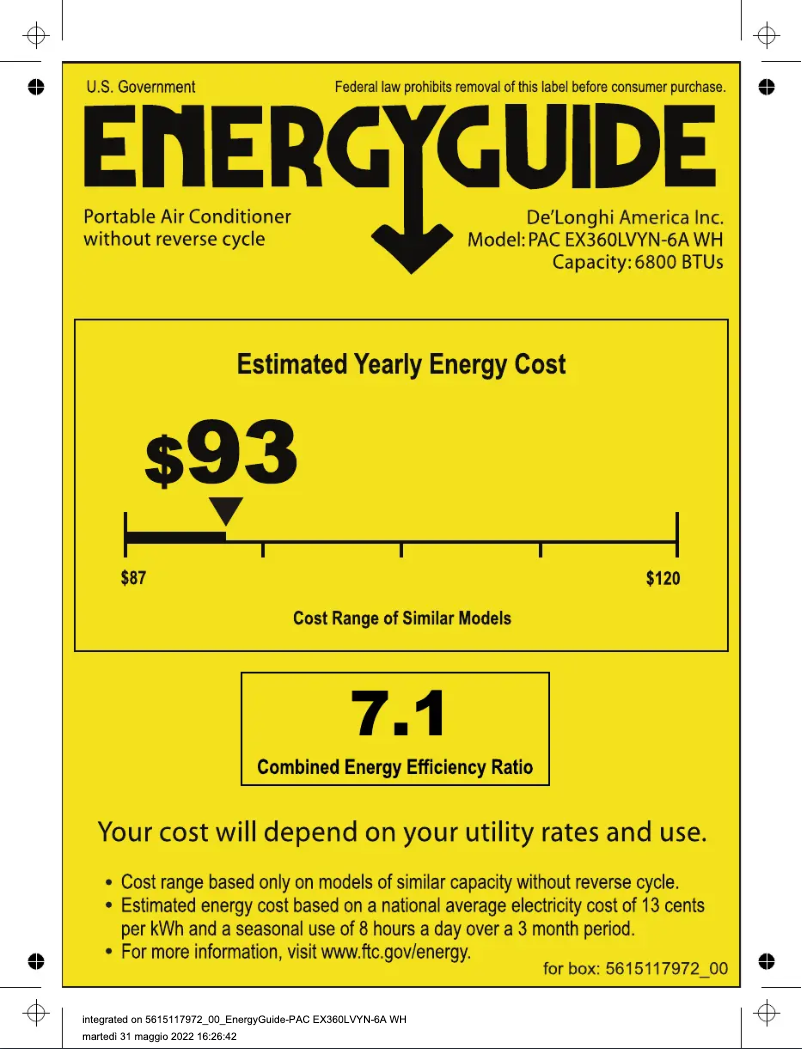 Page 1 de la notice Label énergétique DeLonghi Pinguino Arctic Whisper PACEX360LVYN-6AWH