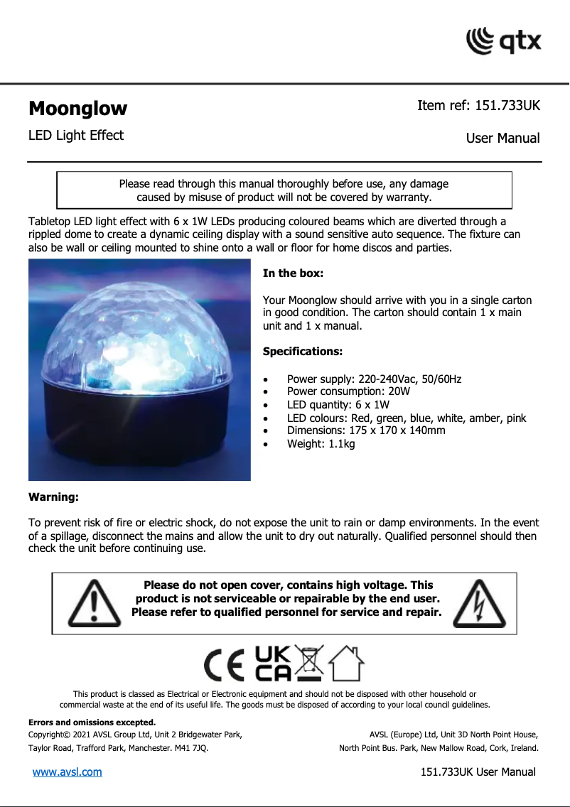 Page 1 de la notice Manuel utilisateur Qtx Moonglow