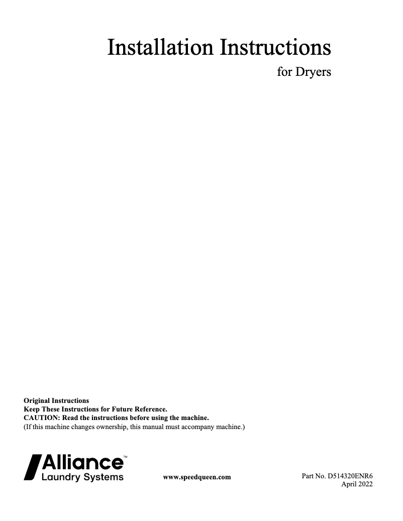 Page n°1 - Guide d'installation Speed Queen DF7004WE