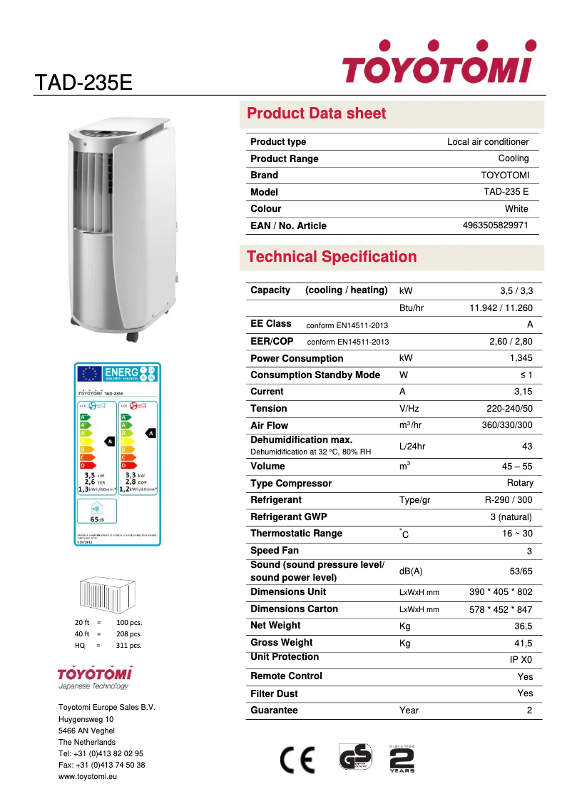 Page 1 de la notice Fiche technique Toyotomi TAD-235E