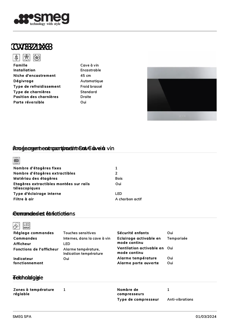 Page 1 de la notice Fiche technique Smeg CVI321X3