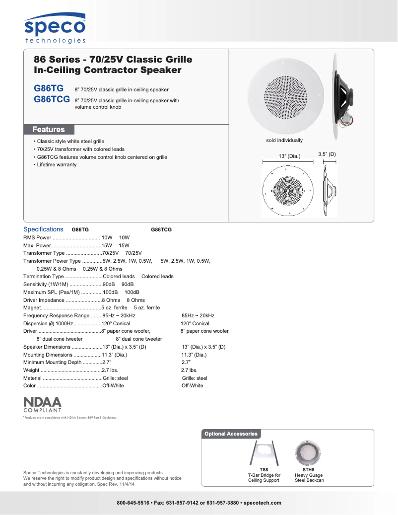 Página 1 del manual Ficha técnica Speco Technologies G86TG