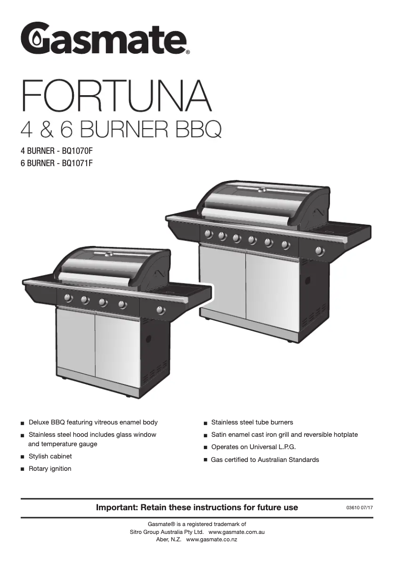 Page n°1 - Manuel utilisateur Gasmate Fortuna BQ1070F
