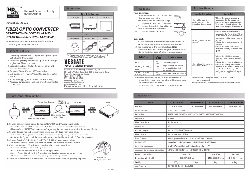 Page 1 de la notice Manuel utilisateur Webgate OPT-RX1-RS485U