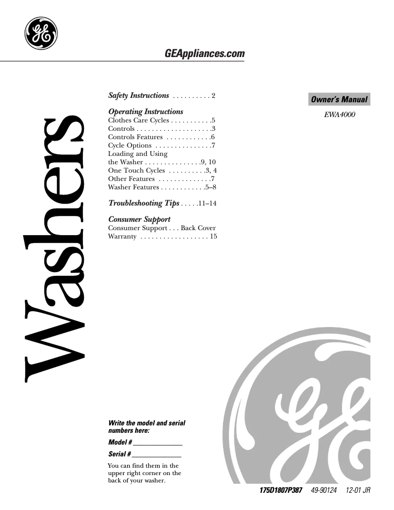 Page 1 de la notice Manuel utilisateur GE EWA4000BWW