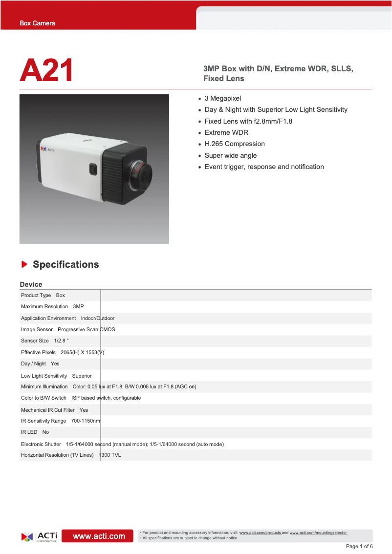 Page n°1 - Fiche technique ACTi A21