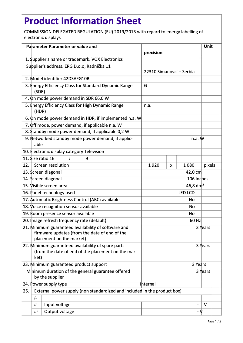 Page 1 de la notice Manuel utilisateur VOX 42DSAFG10B