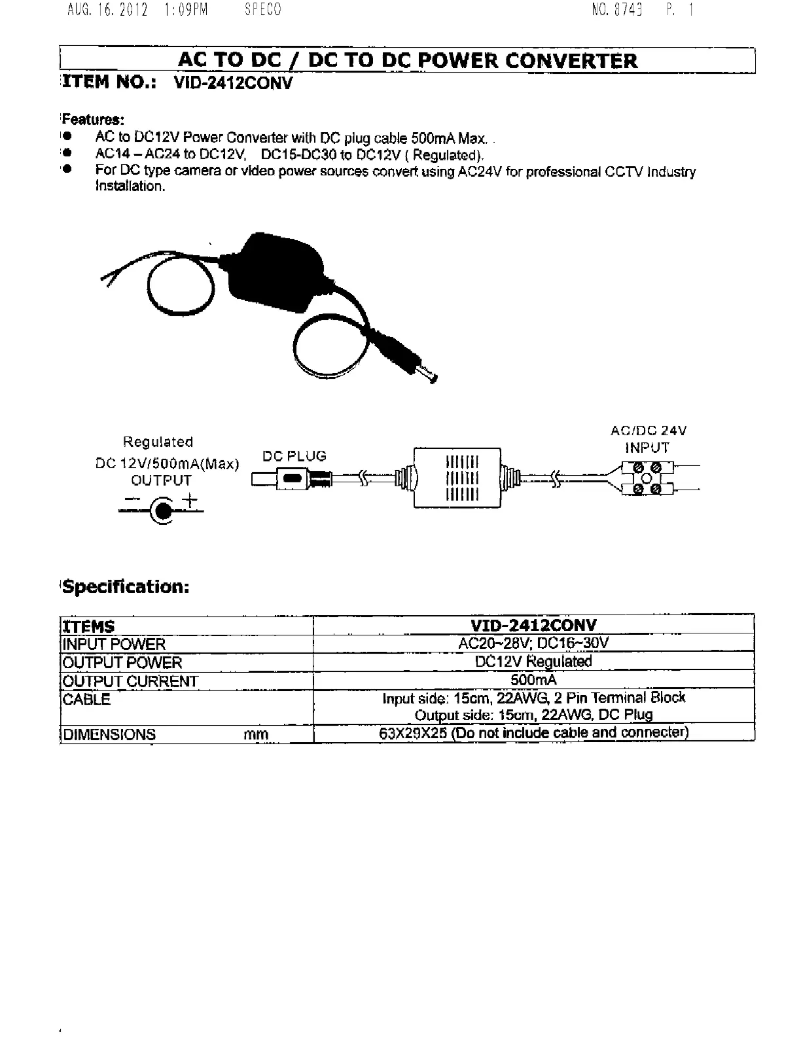 Image de la première page du manuel de l'appareil VID2412CONV