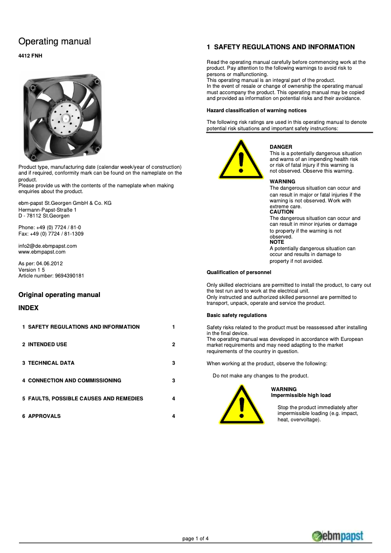 Página 1 del manual Manual de usuario ebm-papst 4412 FNH