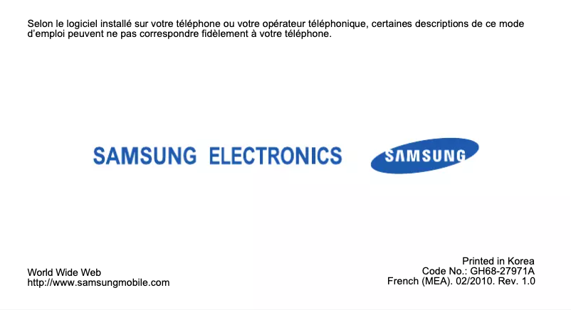 Page 1 de la notice Manuel utilisateur Samsung Star GT-S5233
