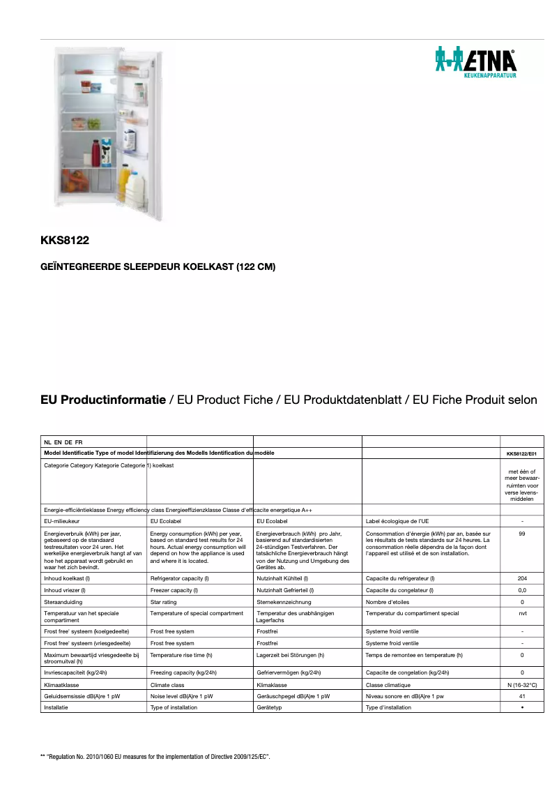 Page 1 de la notice Fiche technique Etna KKS8122
