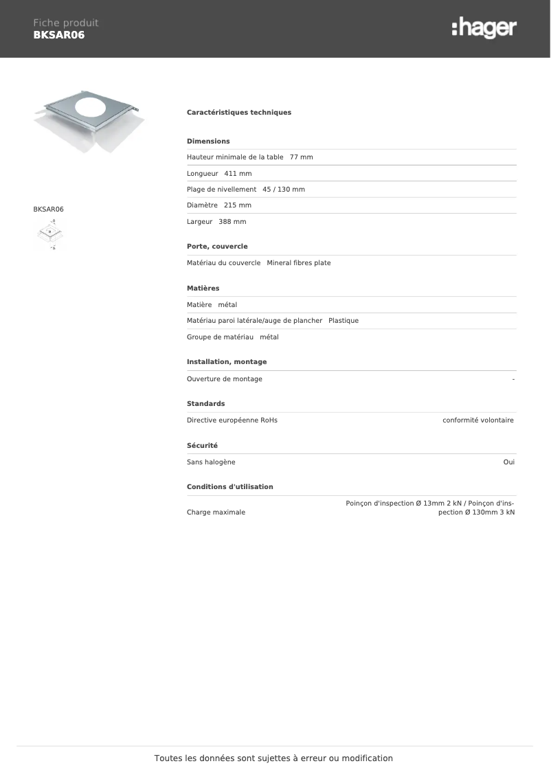 Page n°1 - Fiche technique Hager BKSAR06