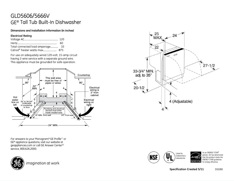 Page 1 de la notice Fiche technique GE GLD5606VBB