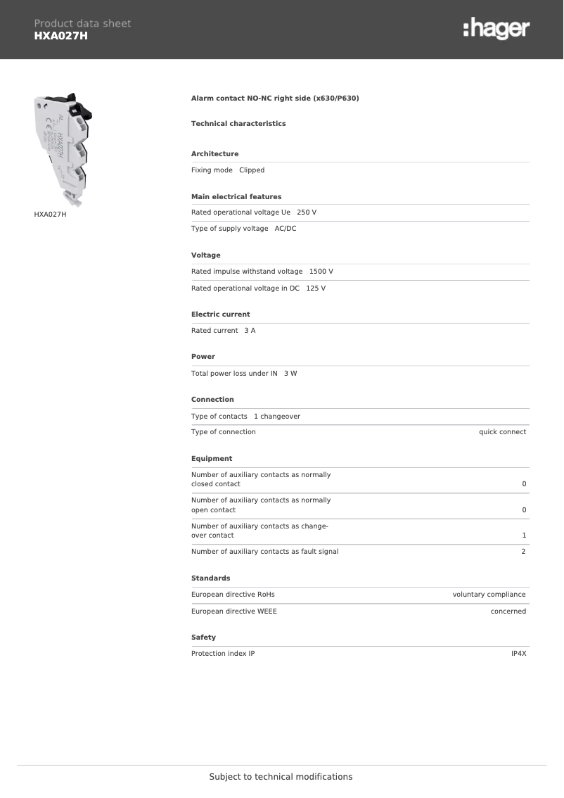 Page n°1 - Fiche technique Hager HXA027H