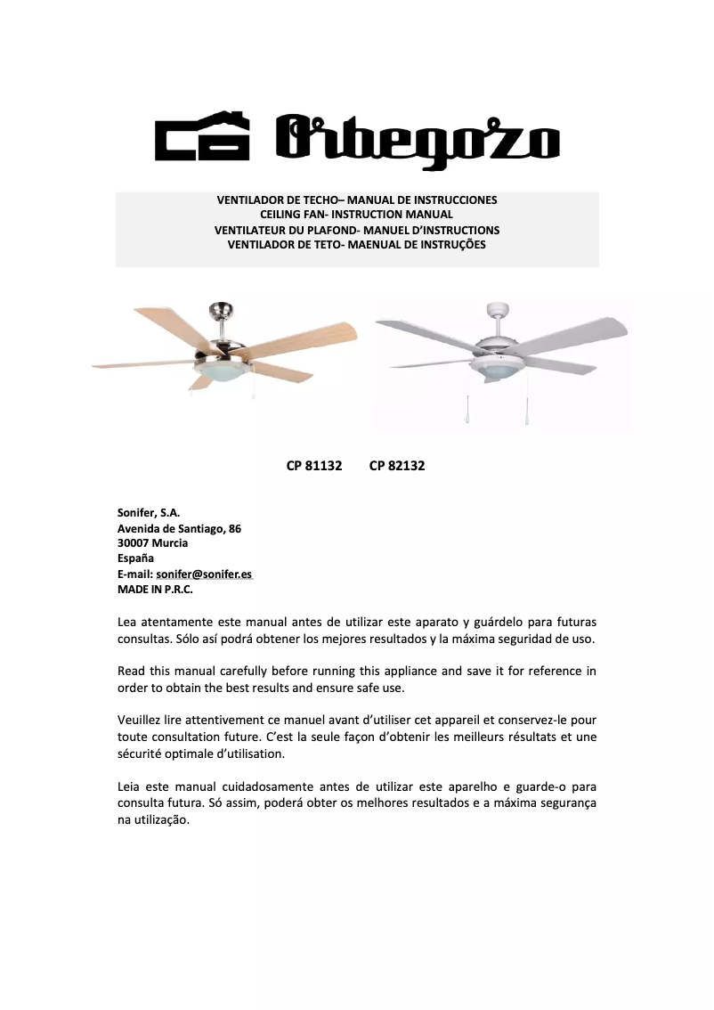 Page n°1 - Manuel utilisateur Orbegozo CP 82132